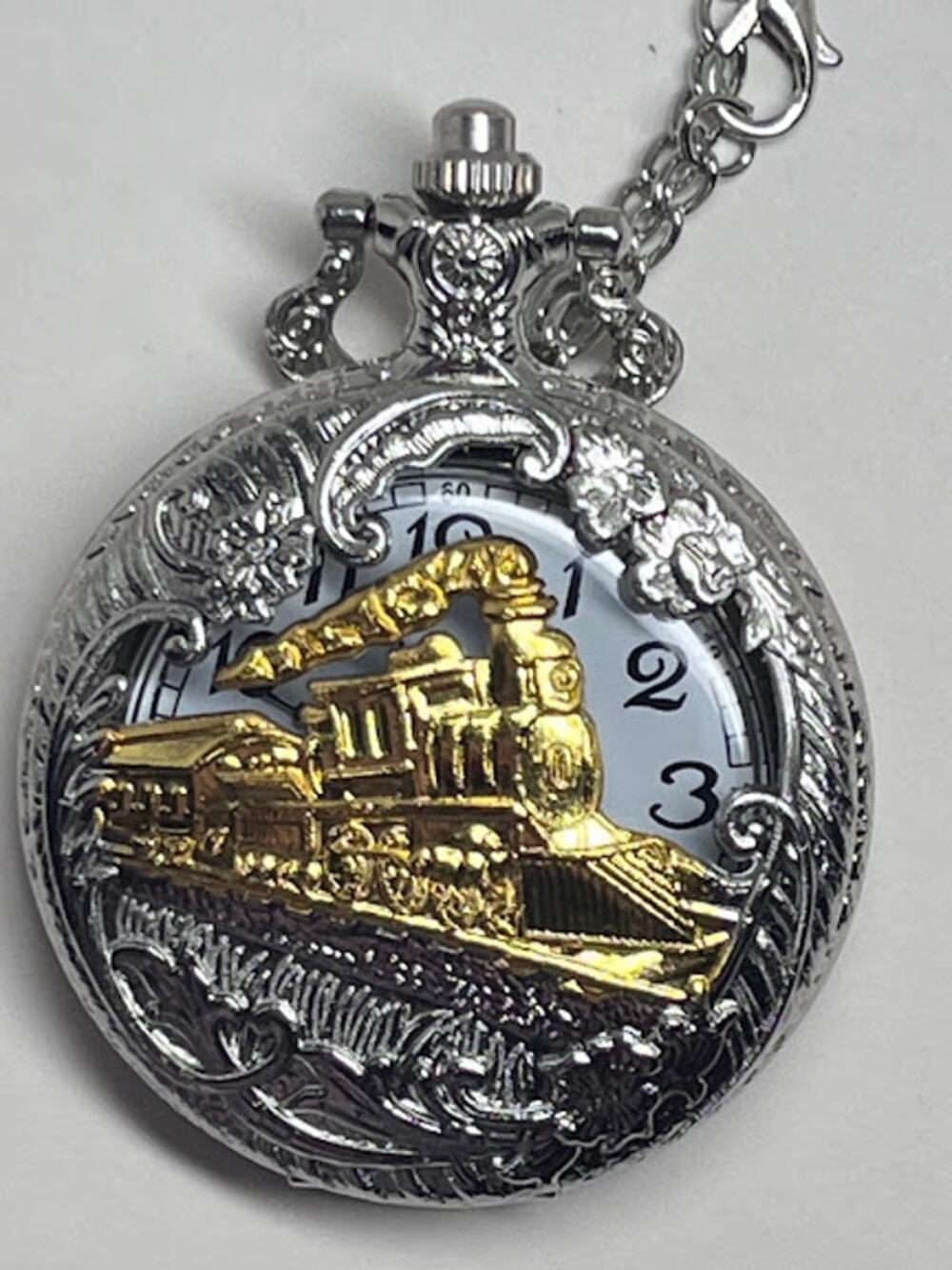 Cindiry Silver Gold Train Locomotive Engine Design Pocketwatch Quartz Chain FOB